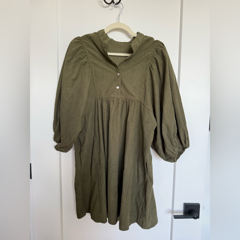 Olive Green Puff Sleeve Smock Dress